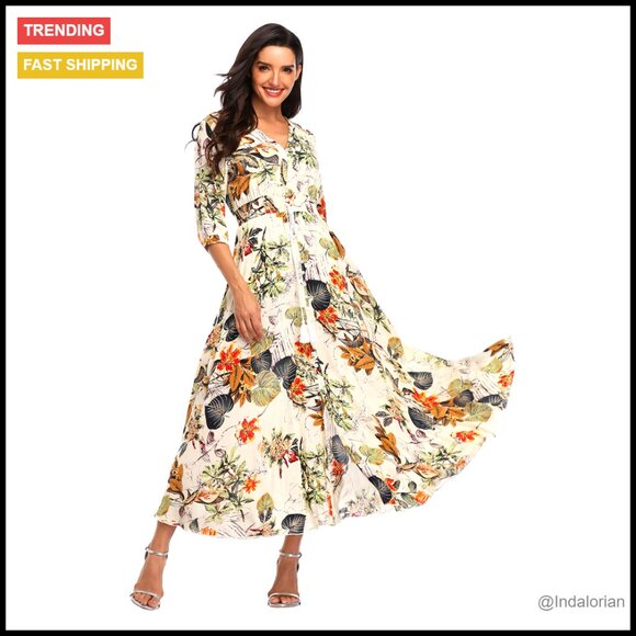Floral Maxi Dress Bohemian Long Sleeve Button Up Split Flowy Summer -  cruiseboatoman.com